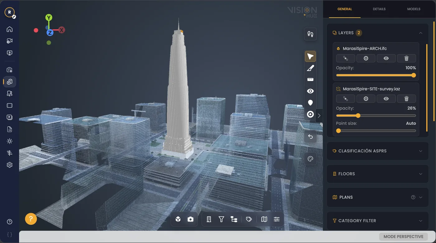 Modelo IFC superpuesto a la nube de puntos de un levantamiento en el visor web VisionHub
