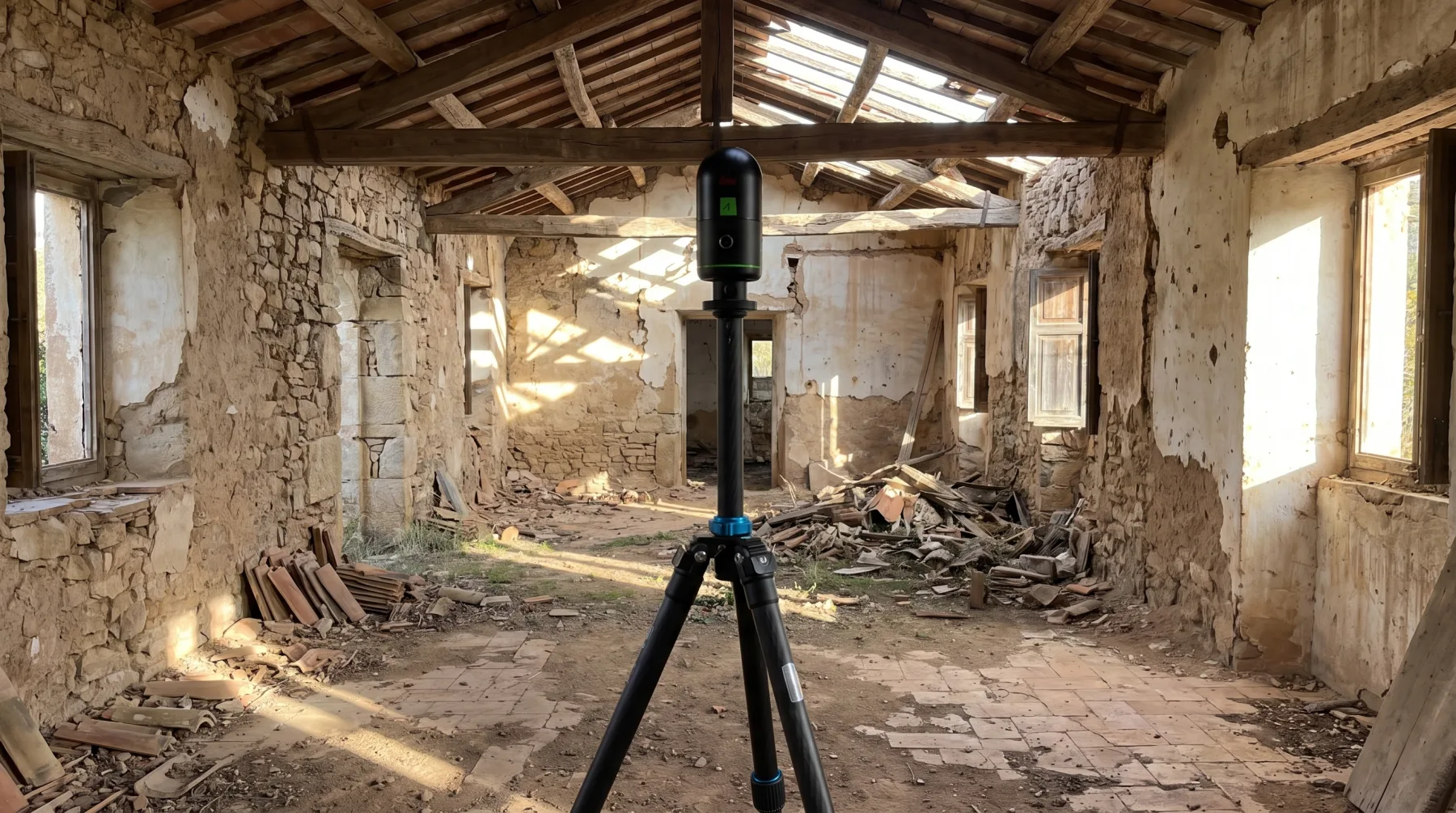 Leica BLK360 escaneando el interior de una masía en ruinas antes de su rehabilitación